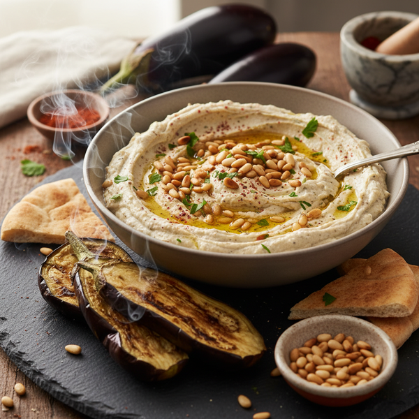 Smoky Baba Ganoush with Pine Nut Topping recipe