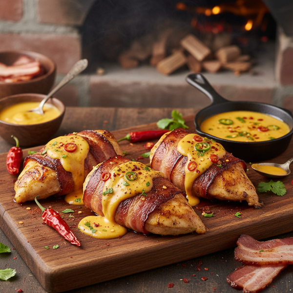 Smoky Bacon-Wrapped Chicken Breasts with Spicy Cheddar Sauce recipe