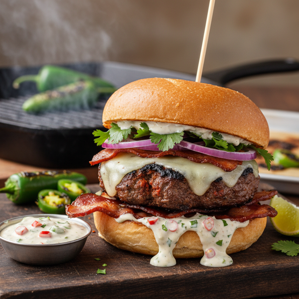 Smoky Beef and Chorizo Burgers with Zesty Roasted Chile Aioli recipe