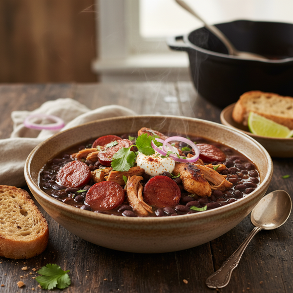 Smoky Black Bean Stew with Chorizo and Braised Chicken recipe