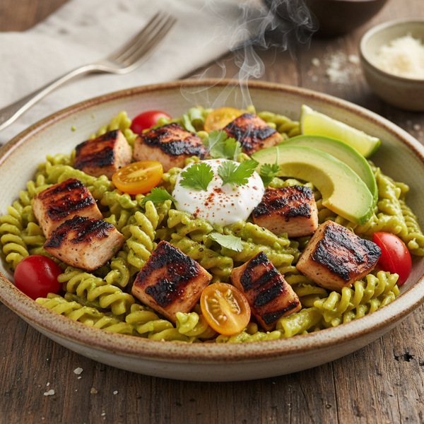 Smoky Chicken and Creamy Avocado Pasta Delight recipe