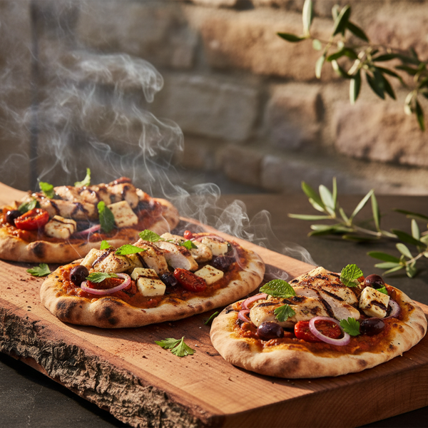Smoky Mediterranean Cedar Plank Naan Pizzas recipe