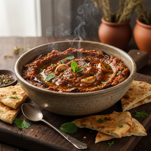 Smoky Persian Eggplant Dip with Garlic and Tomato recipe