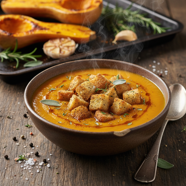 Smoky Roasted Butternut Squash Soup with Herbed Croutons recipe