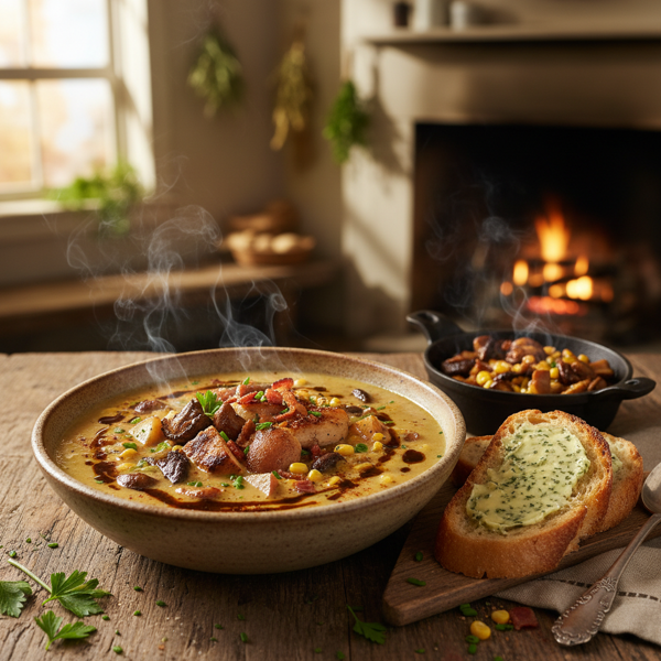 Smoky Wild Mushroom and Chicken Corn Chowder recipe
