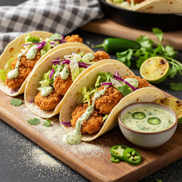 Southern Crispy Chicken Tacos with Spicy Jalapeño Sauce recipe