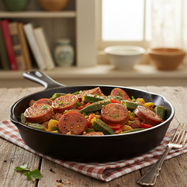 Southern Spiced Okra and Kielbasa Skillet recipe