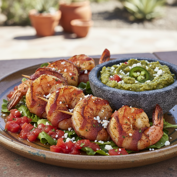 Southwestern Bacon-Wrapped Shrimp with Zesty Tomatillo Salsa and Tomato Vinaigrette recipe