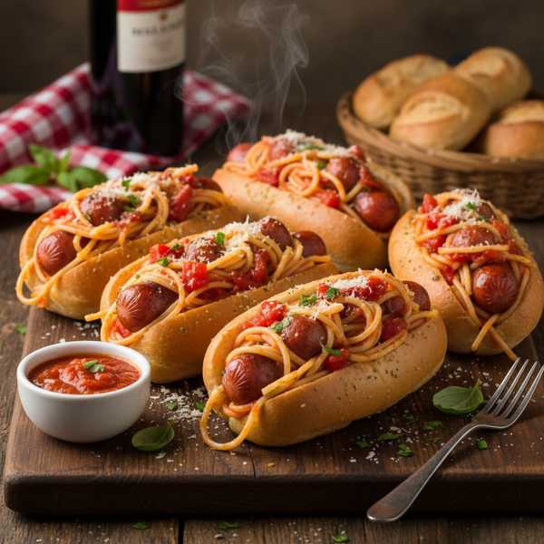 Spaghetti Stuffed Hot Dogs recipe