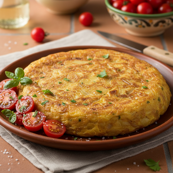 Spanish Tortilla with Tomato Garnish recipe