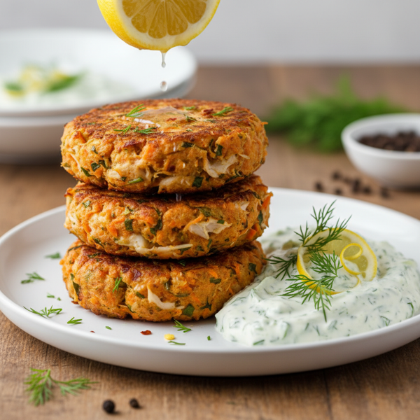 Spiced Carrot and Crab Cakes with Zesty Dill Dip recipe