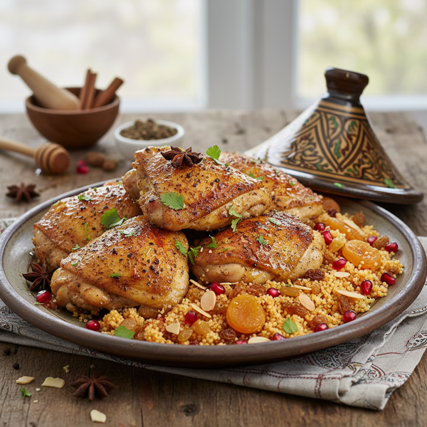 Spiced Cinnamon Chicken Thighs with Sweet and Savory Couscous recipe