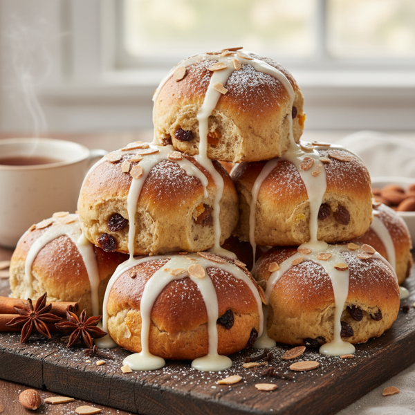Spiced Hot Cross Buns with Vanilla Almond Icing recipe