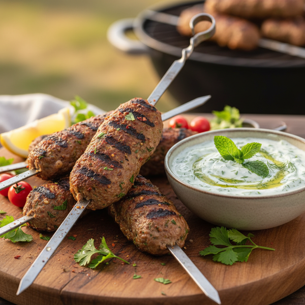 Spiced Kafta Skewers with Herb Dip recipe