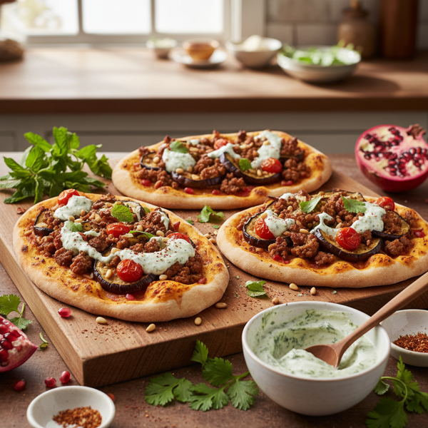 Spiced Lamb and Eggplant Pizzas with Herb Yogurt recipe