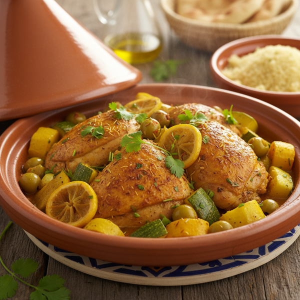 Spiced Moroccan Lemon Chicken with Summer Squash and Green Olives recipe