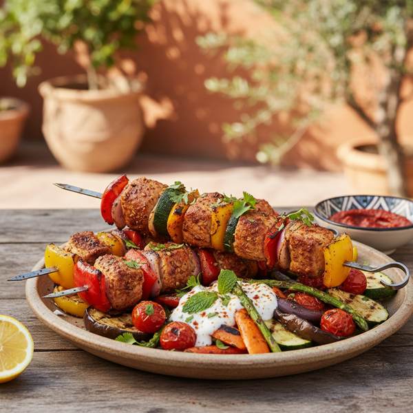 Spiced Moroccan Pork Kebabs with Grilled Vegetables recipe