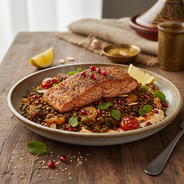 Spiced Moroccan Salmon Lentil Bowl recipe