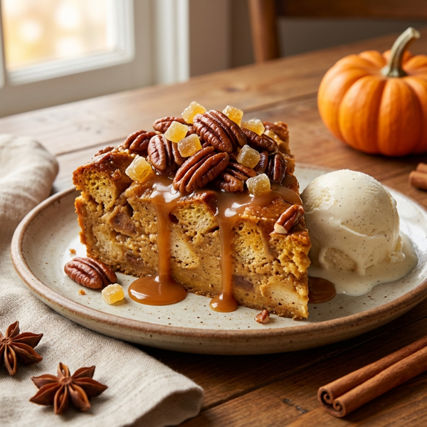 Spiced Pumpkin Bread Pudding with Crunchy Praline Pecan Topping recipe