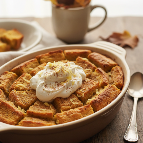 Spiced Pumpkin Bread Pudding with Whipped Ginger Cream recipe