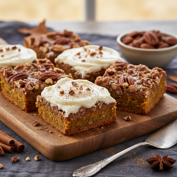 Spiced Pumpkin Pecan Bars with Creamy Frosting recipe