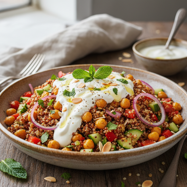 Spiced Quinoa Chickpea Salad with Creamy Yogurt Dressing recipe