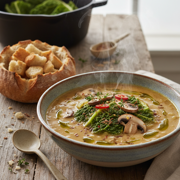 Spiced Savoy Cabbage and Mushroom Soup recipe