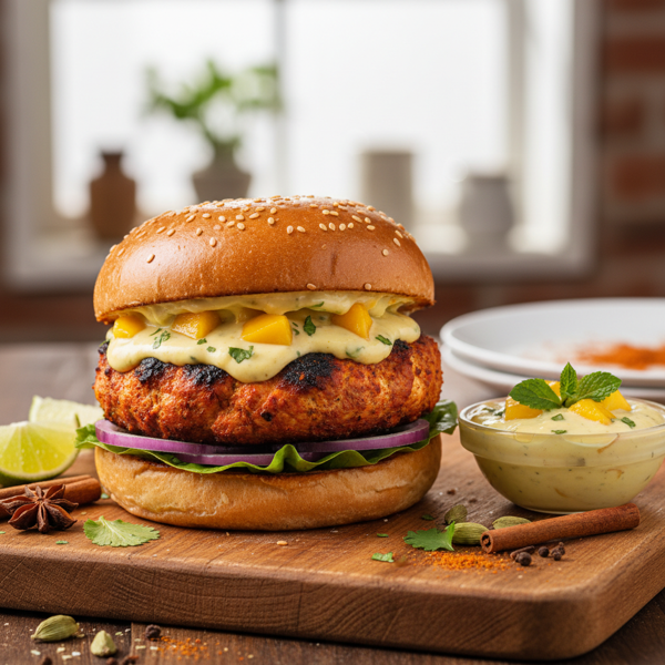 Spiced Tandoori Chicken Burgers with Mango Yogurt Chutney recipe