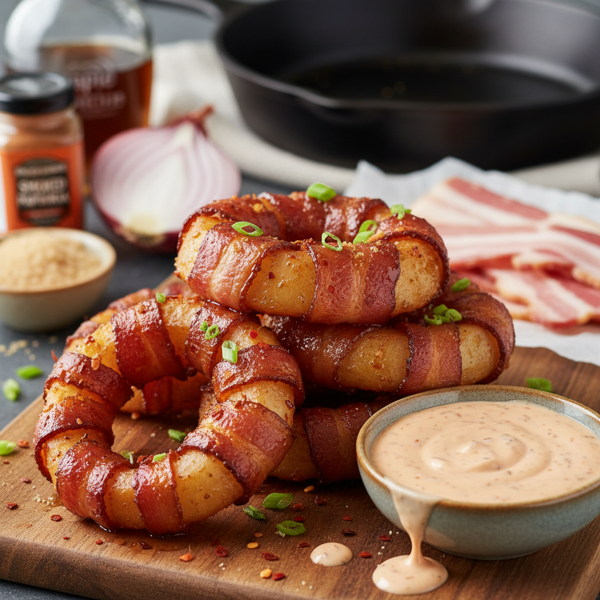 Spicy-Sweet Bacon-Wrapped Onion Rings recipe