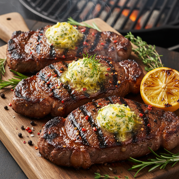 Spicy-Sweet Grilled Sirloin Steaks with Zesty Lemon Herb Butter recipe