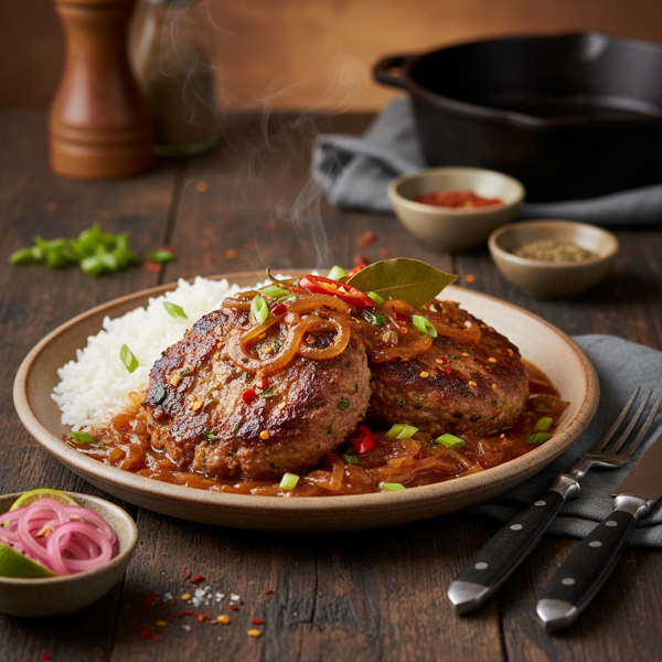 Spicy Adobo Ground Sirloin Steaks in Savory Onion Gravy recipe