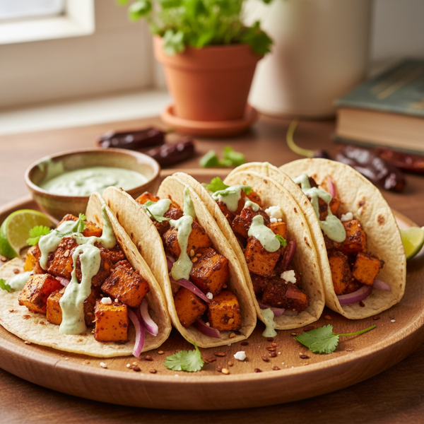 Spicy Ancho Butternut Squash Tacos with Cilantro Cream recipe