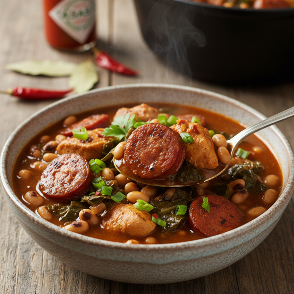 Spicy Andouille Chicken Gumbo with Black-Eyed Peas and Greens recipe