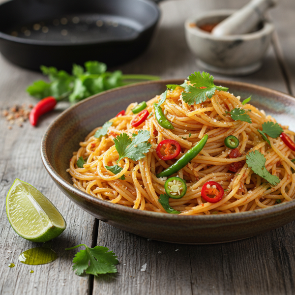 Spicy Angel Hair Pasta with Fresh Coriander and Zesty Chili recipe