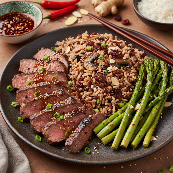 Spicy Asian Flank Steak with Asparagus & Savory Wild Rice recipe