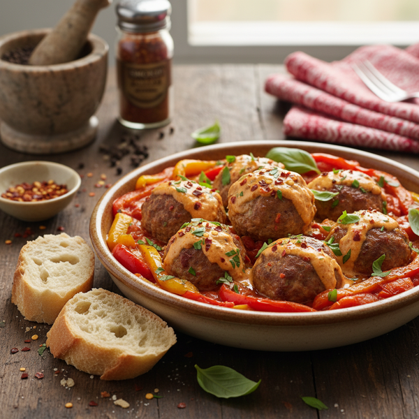 Spicy Bayonnaise Meatballs with Roasted Pepper Tomato Sauce recipe