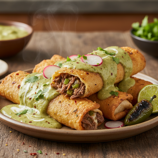 Spicy Beef Chimichangas with Creamy Green Chile Sauce recipe