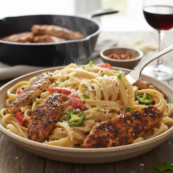 Spicy Blackened Chicken Alfredo Pasta recipe