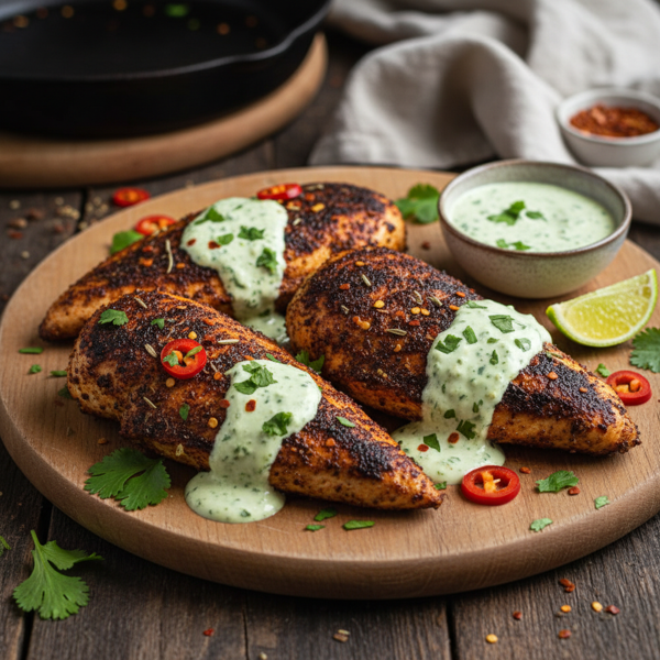 Spicy Blackened Chicken Fillets with Cilantro Cream recipe