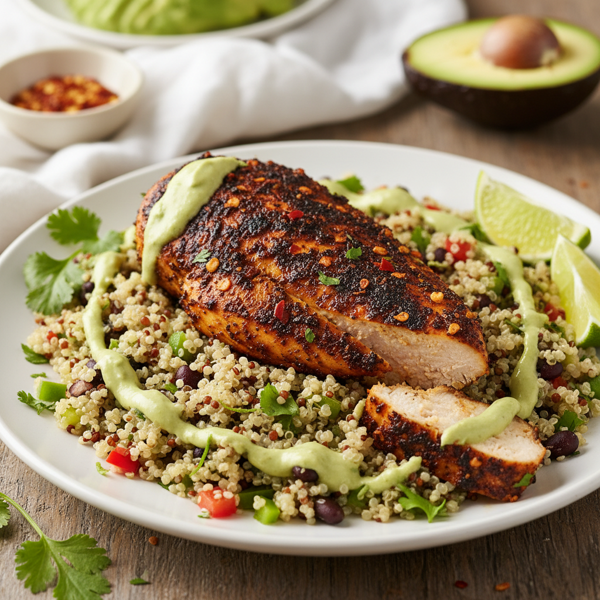 Spicy Blackened Chicken with Zesty Cilantro Lime Quinoa and Creamy Avocado Sauce recipe
