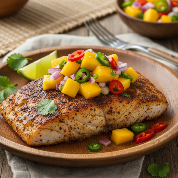 Spicy Blackened Cod Topped with Tropical Mango Salsa recipe