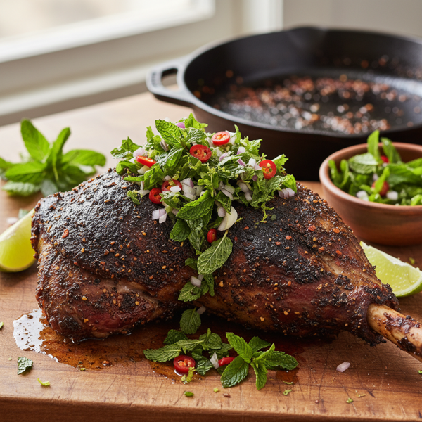 Spicy Blackened Leg of Lamb with Fresh Mint Relish recipe