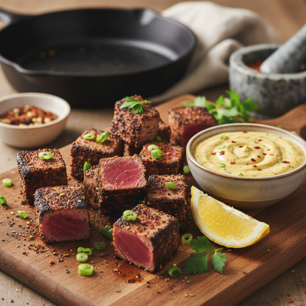 Spicy Blackened Tuna Bites with Zesty Cajun Mustard recipe