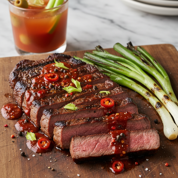 Spicy Bloody Mary Skirt Steak with Grilled Green Onions recipe