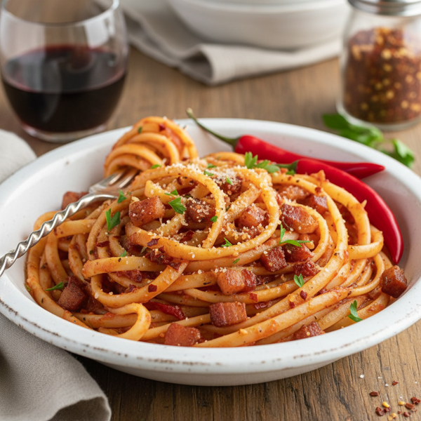 Spicy Bucatini Amatriciana with Crisp Pancetta recipe