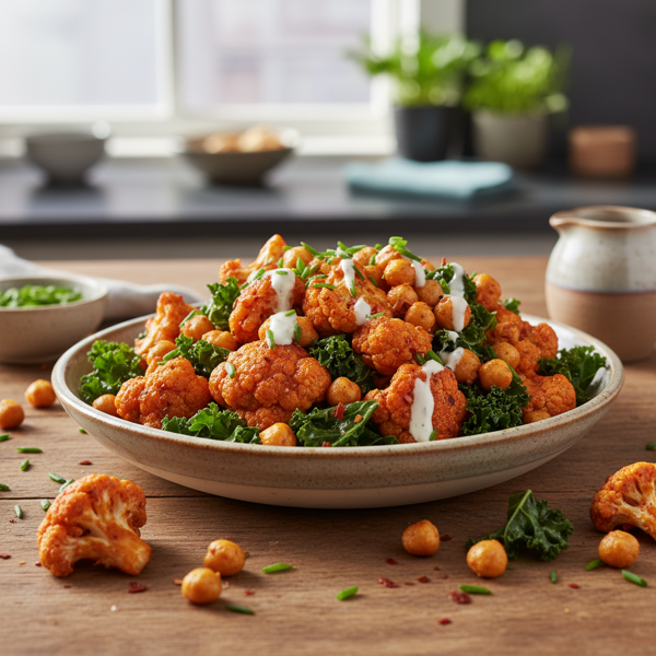 Spicy Buffalo Cauliflower and Crispy Chickpeas with Kale recipe