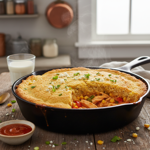 Spicy Buffalo Chicken Cornbread Pot Pie recipe