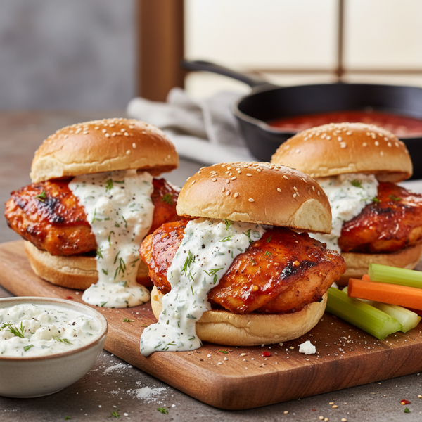 Spicy Buffalo Chicken Thigh Sliders with Creamy Feta Dressing recipe