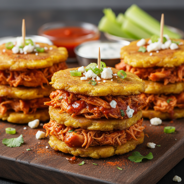Spicy Buffalo Chicken Tostone Stacks recipe