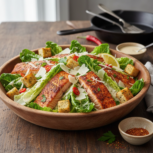 Spicy Cajun Salmon Caesar Salad recipe